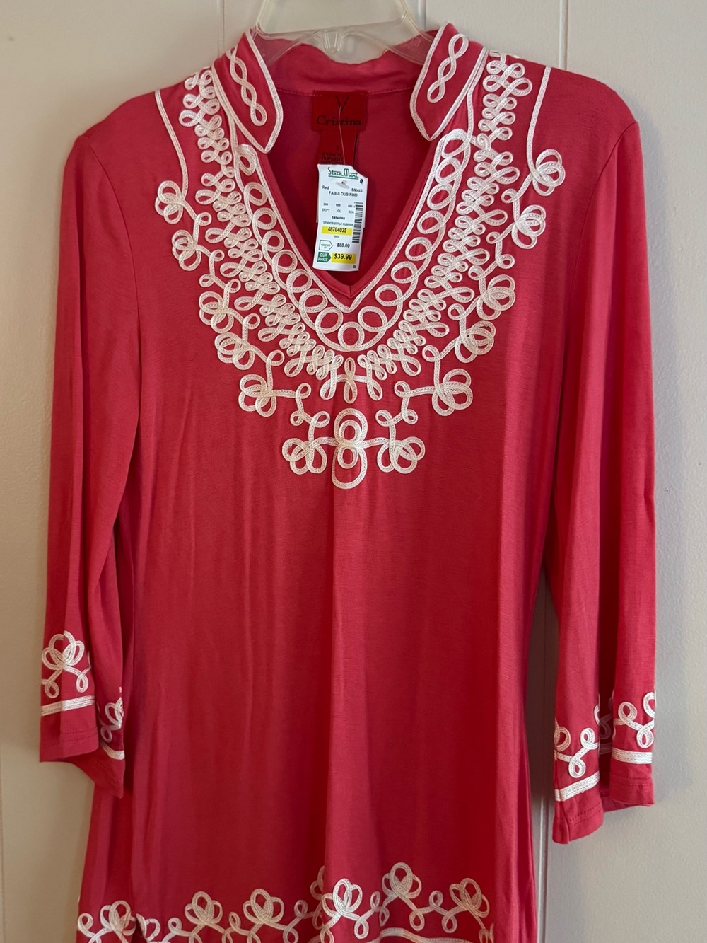 Christina Coral Tunic with White Embroidered Trim